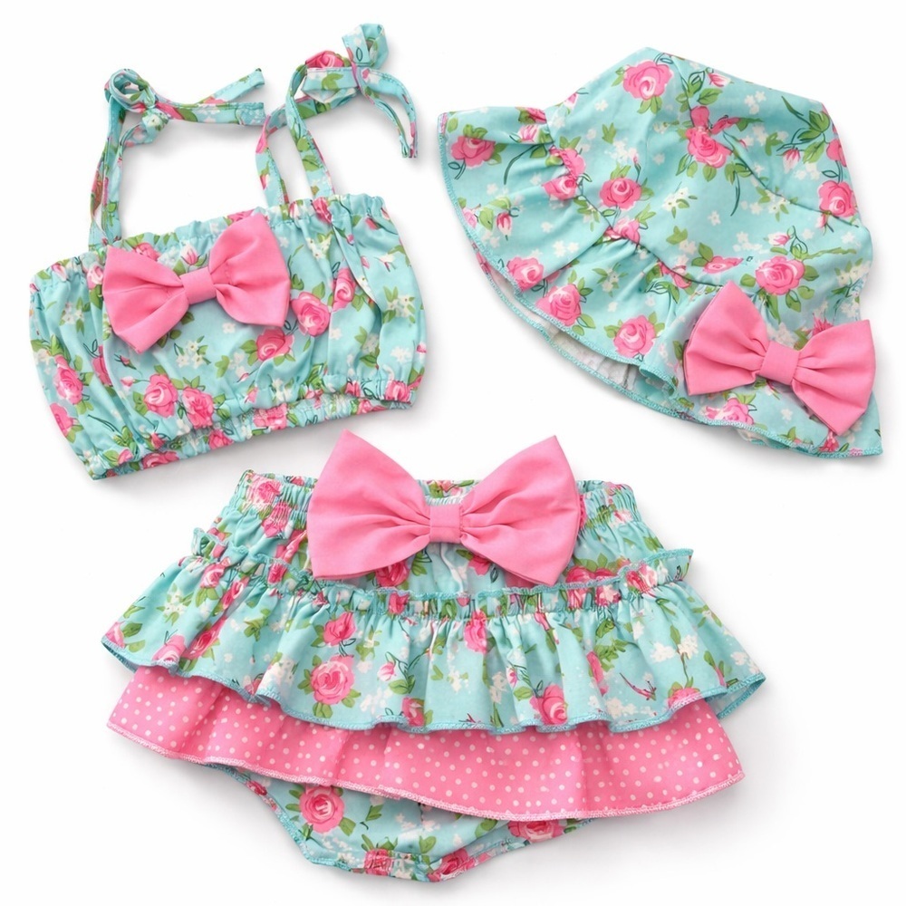 Baby Girl Floral 3pc Set 6-9M Mint Pink Bow Summer Outfit